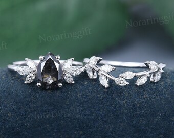 Pear shaped Salt and pepper Diamond Engagement ring set white gold Marquise Moissanite ring leaf wedding ring promise ring Anniversary gift
