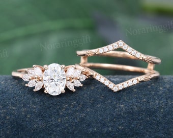 Oval cut Moissanite engagement ring set vintage Unique rose gold Marquise cut Diamond ring set Cluster ring Enhancer wedding set Bridal set