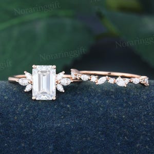 Emerald cut 2ct Moissanite engagement ring set vintage rose gold ring Marquise diamond ring Unique wedding ring Bridal set promise ring
