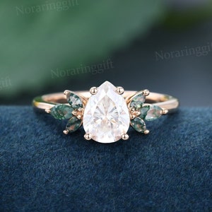 Pear shaped Moissanite engagement ring Unique rose gold Art deco ring Marquise cut Moss agate Cluster wedding ring Bridal dainty Annual ring