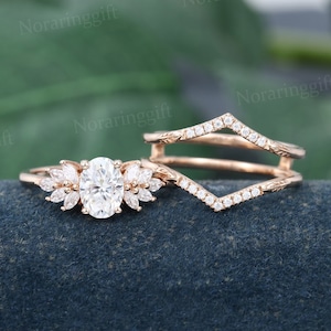 Oval cut Moissanite engagement ring set vintage Unique rose gold Marquise cut Diamond ring set Cluster ring Enhancer wedding set Bridal set