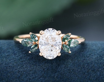 Oval cut Lab grown Diamond engagement ring vintage rose gold ring Marquise cut Moss agate ring Bridal ring dainty promise ring Annual ring