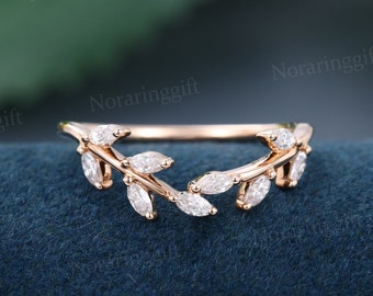 Marquise Schnitt Moissanit Ehering Jahrgang Zarte Rose gold Ehering Blatt Zweig Diamant Band Braut Antik Matching Dainty Band