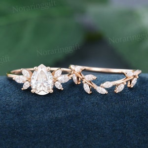 Peervormige Moissaniet verlovingsring set vintage Unieke roségouden ring Takband Marquise diamanten ring Bruidsset jubileumring