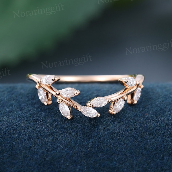 Marquise cut Moissanite wedding band vintage Delicate rose gold wedding ring Leaf Branch diamond band Bridal Antique Matching Dainty Band