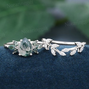 Pear shaped Natural Moss agate engagement ring set Vintage white gold moissanite ring Branch Marquise diamond wedding ring Anniversary ring