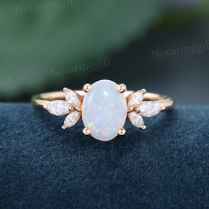 Oval cut Opal engagement ring vintage Unique Rose gold Marquise cut diamond Cluster Moissanite engagement ring Bridal ring Anniversary gift