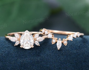 Pear shaped Moissanite engagement ring set vintage Unique rose gold engagement set Marquise diamond Cluster wedding Bridal set Annual gift