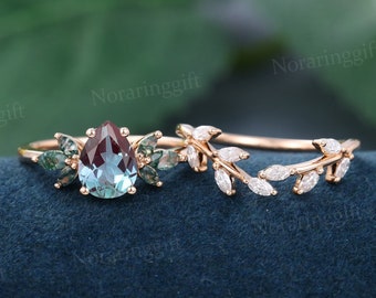 Pear Shaped Alexandrite engagement ring set vintage rose gold moissanite engagement set Marquise Cut wedding ring set anniversary gift