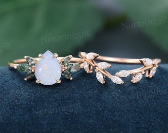 Tropfenförmiger Opal Verlobungsring Set Vintage roségold Moissanite Verlobungsring Zweig Marquise Cut Ringset Jahrestag Geschenk