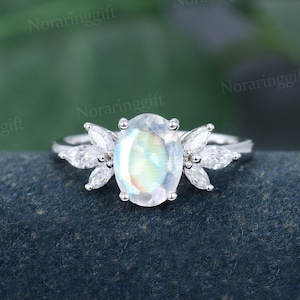 Oval cut Moonstone engagement ring vintage unique white gold Moissanite engagement ring women Marquise Diamond ring Bridal Anniversary gift