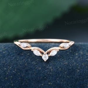 Marquise cut Moissanite curved wedding band Delicate rose gold curved wedding ring Dainty vintage diamond band Bridal Antique Matching ring