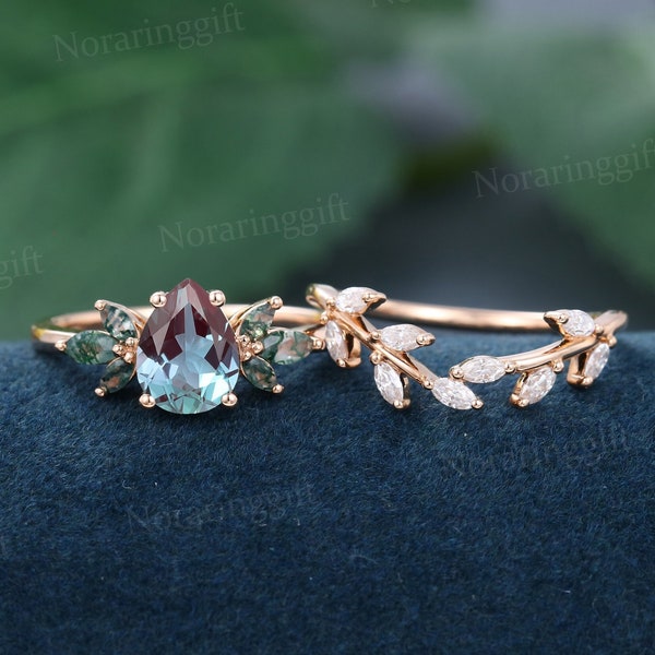 Peervormige Alexandrite verlovingsring set vintage roségouden moissanite verlovingsset Marquise Cut trouwring set jubileumcadeau