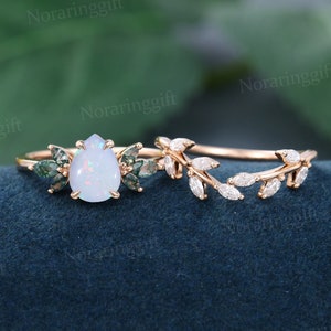 Pear Shaped Opal engagement ring set vintage rose gold moissanite engagement set branch Marquise Cut wedding ring set anniversary gift