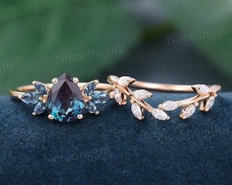 Pear Shaped Alexandrite engagement ring set vintage rose gold Marquise Moissanite ring Leaf wedding ring bridal ring set anniversary ring