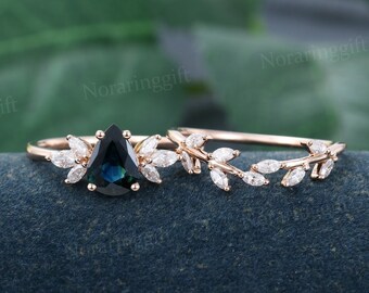 Pear shaped Green Blue Sapphire Engagement ring set Unique Marquise moissanite ring Branch ring Rose gold ring Bridal ring Anniversary gift