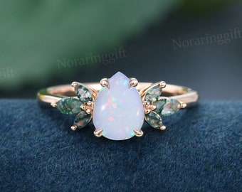 Birnenförmiger Opal Verlobungsring Vintage einzigartiger Roségold Verlobungsring Marquise geschnittener Achatcluster Ring Brautring zierlicher Jahresring