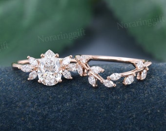 Pear shaped Lab grown Diamond engagement ring set vintage Unique rose gold ring Leaf Branch band Marquise ring wedding Bridal ring set