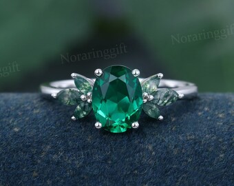 Oval cut Emerald engagement ring Unique white gold engagement ring Marquise cut Moss Agate cluster ring wedding bridal dainty annual ring