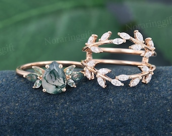 Pear shaped Moss agate engagement ring set Unique rose gold moissanite ring Marquise diamond bridal ring set Enhancer band promise ring