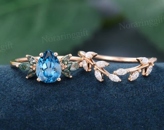 Pear London Blue Topaz engagement ring set vintage rose gold moissanite ring Unique Marquise moss agate wedding ring set anniversary ring