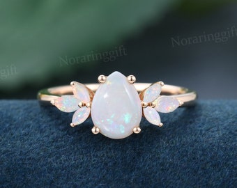 Pear shaped Opal engagement ring vintage Unique rose gold engagement ring Marquise cut Opal Cluster ring Bridal dainty ring Annual ring