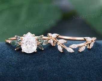 Pear 1ct Lab Grown Diamond Engagement ring set Vintage rose gold Marquise moss agate ring leaf Branch ring wedding ring set Anniversary ring