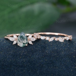 Pear shaped Moss agate engagement ring set Vintage rose gold marquise cut Moissanite ring Diamond wedding ring Anniversary ring set