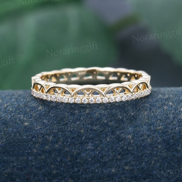 Unique Moissanite wedding band Delicate yellow gold ring Hollow-out ring Dainty diamond band Bridal Antique Matching Anniversary ring gift