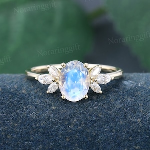 Oval cut moonstone engagement ring vintage unique yellow gold engagement ring women Marquise diamond Moissanite ring Bridal Anniversary gift