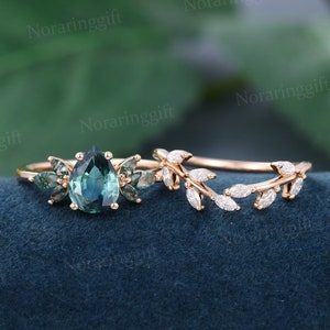 Pear Shaped Green Blue Sapphire engagement ring set vintage rose gold ring moissanite ring Marquise diamond ring Bridal set anniversary ring