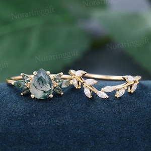 Pear shaped Moss agate engagement ring set Unique yellow gold moissanite engagement set Branch Marquise cut Anniversary wedding ring set