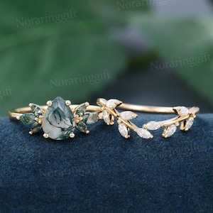 Pear shaped Natural Moss agate engagement ring set Vintage yellow gold moissanite ring Branch Marquise diamond wedding ring Anniversary ring