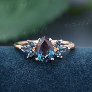 Pear Shaped Alexandrite engagement ring Unique rose gold engagement ring Marquise cut cluster wedding ring bridal dainty anniversary gift