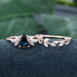 Pear shaped Blue Green Sapphire Engagement ring set Unique Marquise moissanite ring Branch ring Rose gold ring Bridal ring Anniversary gift