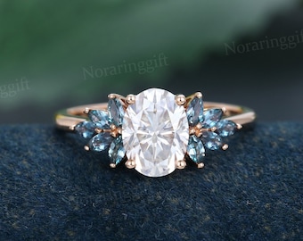 Oval cut Moissanite engagement ring Unique rose gold engagement ring Marquise cut Alexandrite Cluster ring Bridal dainty Anniversary ring