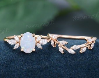 Oval shaped Opal engagement ring set vintage rose gold wedding ring Marquise cut diamond Stacking branch wedding set Bridal dainty ring set