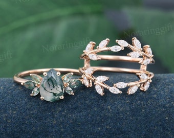 Birnenförmige Moosachat-Verlobungsring-Set Antikes Roségold Moissanite Ring-Set Diamant im Marquise-Schliff Braut-Enhancer Ehering