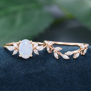 Oval shaped Opal engagement ring set vintage rose gold wedding ring Marquise cut diamond Stacking branch wedding set Bridal dainty ring set