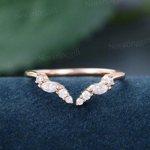 Marquise cut Moissanite open Curved wedding band vintage Delicate rose gold Curved wedding ring diamond band Bridal Antique Matching ring