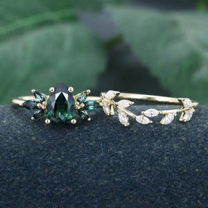 Pear Shaped Blue Green Sapphire engagement ring set vintage yellow gold Moissanite ring Marquise teal sapphire wedding set anniversary ring
