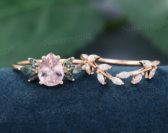Pear Shaped Morganite engagement ring set vintage rose gold moissanite ring Marquise moss agate branch wedding ring set anniversary gift
