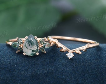 Pear shaped Moss agate engagement ring set vintage Unique rose gold moissanite engagement set Marquise cut Branch wedding ring set gift