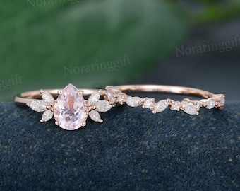 Pear shaped Morganite engagement ring set Vintage rose gold marquise/pear cut moissanite engagement set wedding ring Anniversary ring set