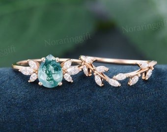 Pear shaped Moss Agate engagement ring set vintage Unique rose gold Branch engagement set Marquise diamond Cluster wedding set Bridal set