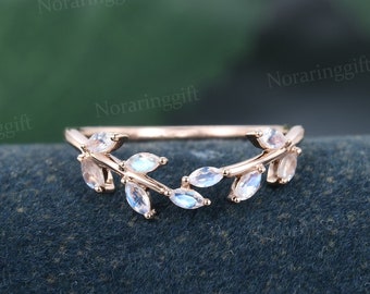 Marquise cut Moonstone wedding band vintage Delicate rose gold wedding band Leaf ring Branch band Bridal Antique Matching Anniversary ring