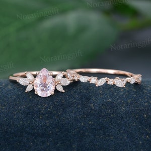 Pear shaped Morganite engagement ring set Vintage rose gold marquise/pear cut moissanite engagement set wedding ring Anniversary ring set