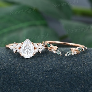 Pear shaped Moissanite engagement ring set vintage marquise moss agate ring rose gold ring Promise ring wedding set leaf Anniversary ring