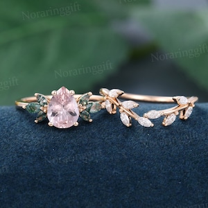 Pear Shaped Morganite engagement ring set vintage rose gold moissanite ring Marquise moss agate branch wedding ring set anniversary gift