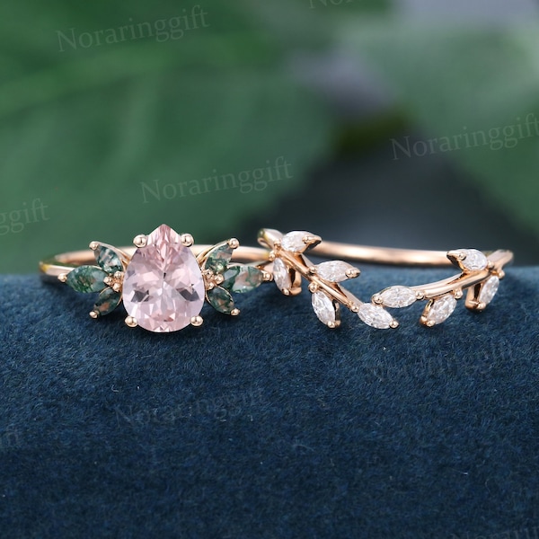 Anillo de compromiso de morganita en forma de pera conjunto vintage oro rosa moissanite compromiso conjunto rama Marquise Cut anillo de boda conjunto regalo de aniversario